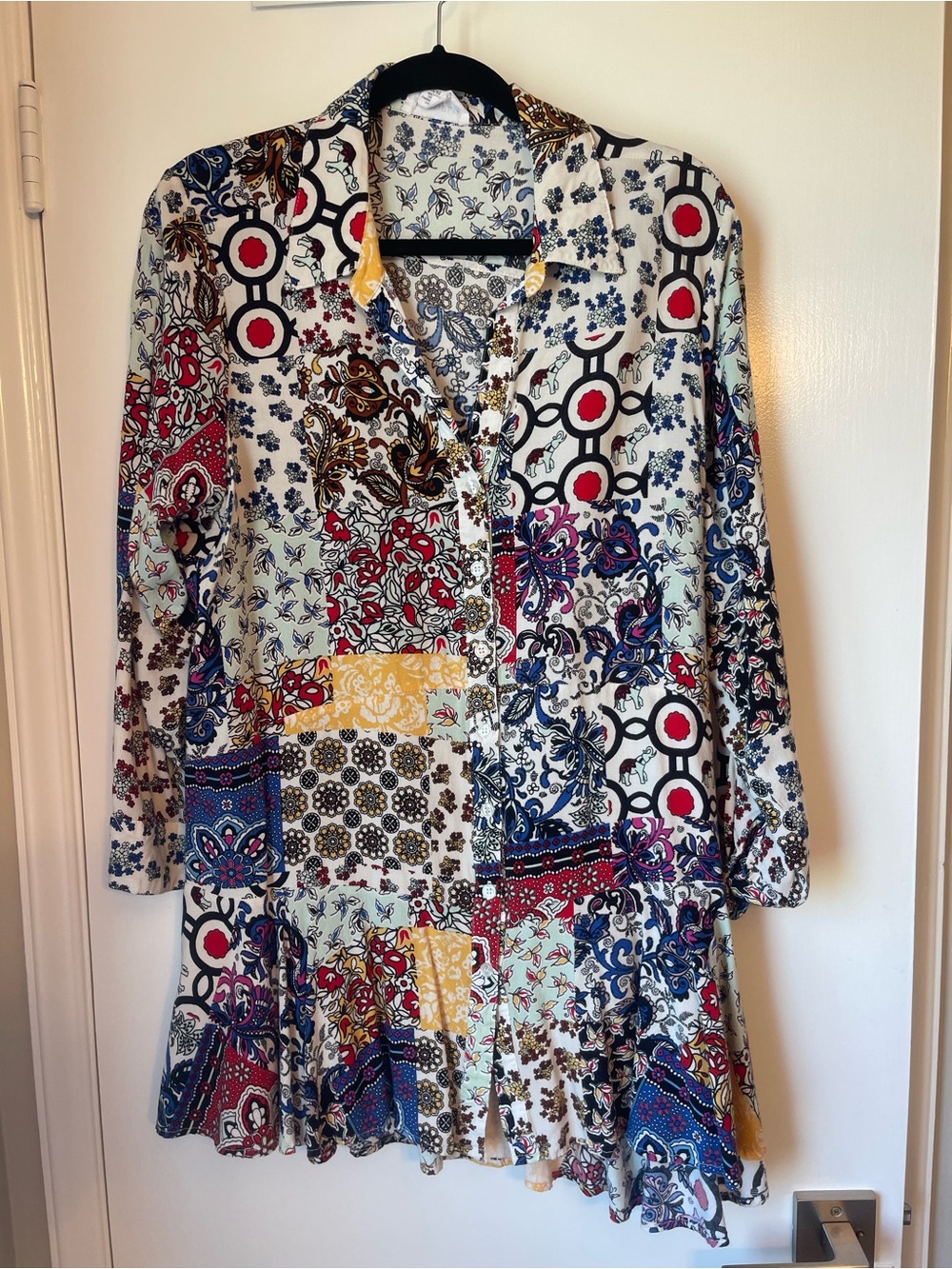 For The Republic Multi-Color Boho Patchwork Long-Sleeve Shirt Dress 1X